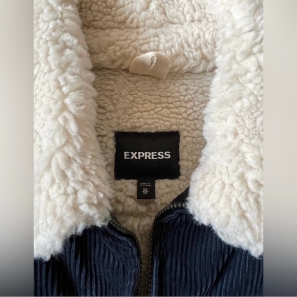 Express Navy Corduroy Jacket with White Sherpa Collar - Picture 3 of 3